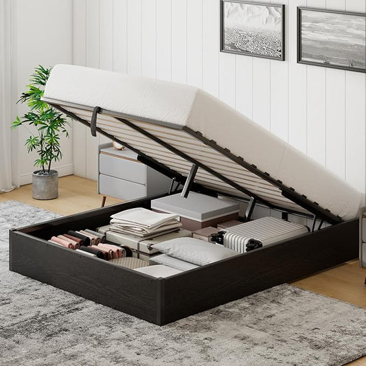 Lift Up Storage Bed Frame, Full Size Wooden Platform Bed with Large Storage Underneath, No Box Spring Needed, Noise Free, Black