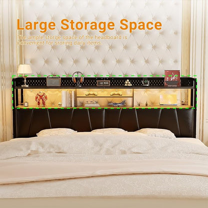 Unikito Headboard for King Size Bed Frame, Upholstered Head Board with Outlets, USB Ports and LED Light, Comfortable Leather Headboards with Storage Shelf, Sturdy King Bed Headboard Only, Black Oak