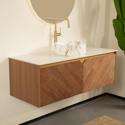 48 Inch Bathroom Vanity with Sink, Floating Fluted Vanity with Vessel Sink, Modern Wall Mounted Bathroom Vanity Cabinet with 2 Doors, Ceramic Sink with Stone Pattern & Sintered Stone Top, Oak