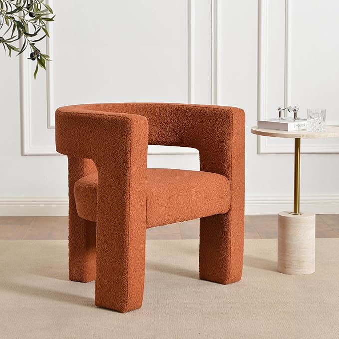 KINWELL 28" W Modern Boucle Accent Chair, Mid Century Upholstered Square Armchair, No Assembly Single Sofa Side Chair for Living Room Lounge Bedroom (Caramel)