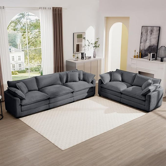 mikibama Luxury 2 Piece Sofa Set, 3-Seater & Loveseat Couch Set, Modern Corduroy Comfy Cloud Couches Set for Living Room Office with 4 Armrest Pillows and 5 Toss Pillows, Grey