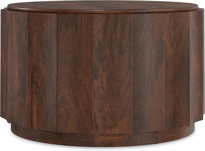 SIMPLIHOME Trenton Coffee Table - 32 inch Wide Solid Mango Wood Round Living Room Table in Walnut Brown, Contemporary Sculpted Drum Center Table for Family Room with Scalloped Edge, Assembled