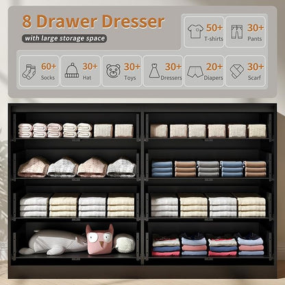 Black Dresser for Bedroom with 8 Drawer, 55” Wide Fluted Double Drawer Dresser Modern Chest of Drawers with Gold Handle, Wood TV Stand for Bedroom, Living Room, Black