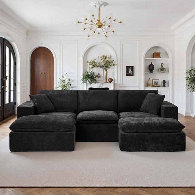 108" Sectional Couches for Living Room Boneless Couch Upholstered Cloud Couch Sectional Modular Sectional Sofa with L Shaped (Chenille-Black, 3 Seat+2 Ottoman)