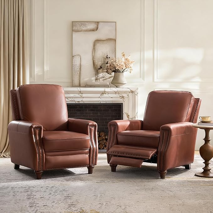 HULALA HOME Genuine Leather Recliner Chair Set of 2, Push Back Recliner Armchair with Thick Seat and Backrest(Brown)