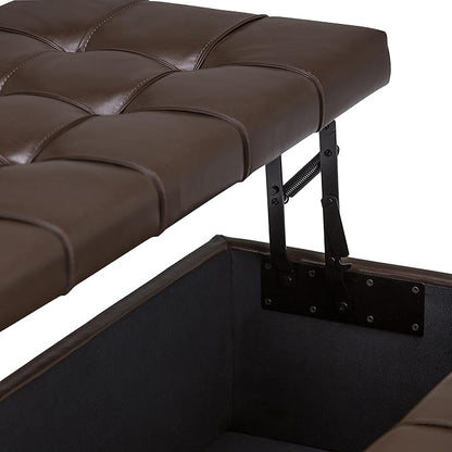 SIMPLIHOME Harrison 36 inch Wide Transitional Square Coffee Table Storage Ottoman in Chocolate Brown Vegan Faux Leather, Assembled, For the Living Room and Bedroom