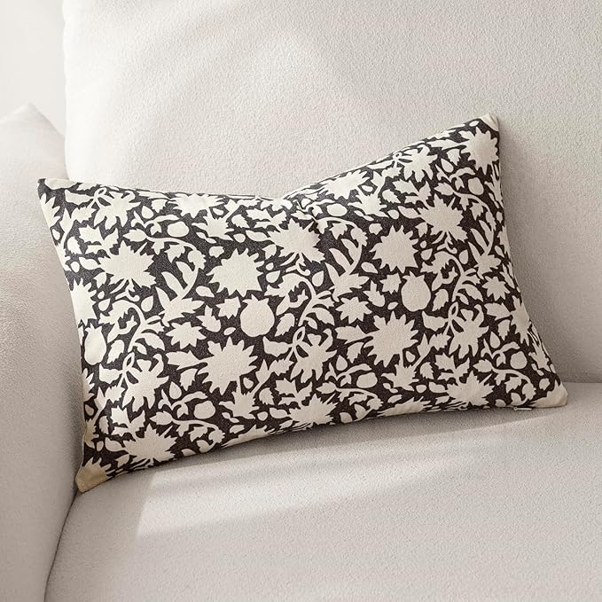 Foindtower Set of 2 Decorative Neutral Floral Lumbar Throw Pillow Covers Accent Farmhouse Cushion Covers Boho Vintage Pillowcase for Couch Sofa Bedroom Living Room Home Decor,12×20 Inch,Black