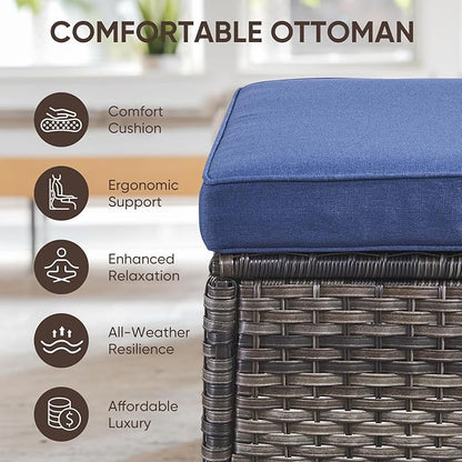 Swivel Patio Chairs sofa Set of 8 with 6" Thick Cushion - Wicker Outdoor Swivel Rocker Patio Chair ,Sofa/Glass coffee table, High Back Comfortable Outdoor Glider Chairs - Gery Wicker | Blue Cushions