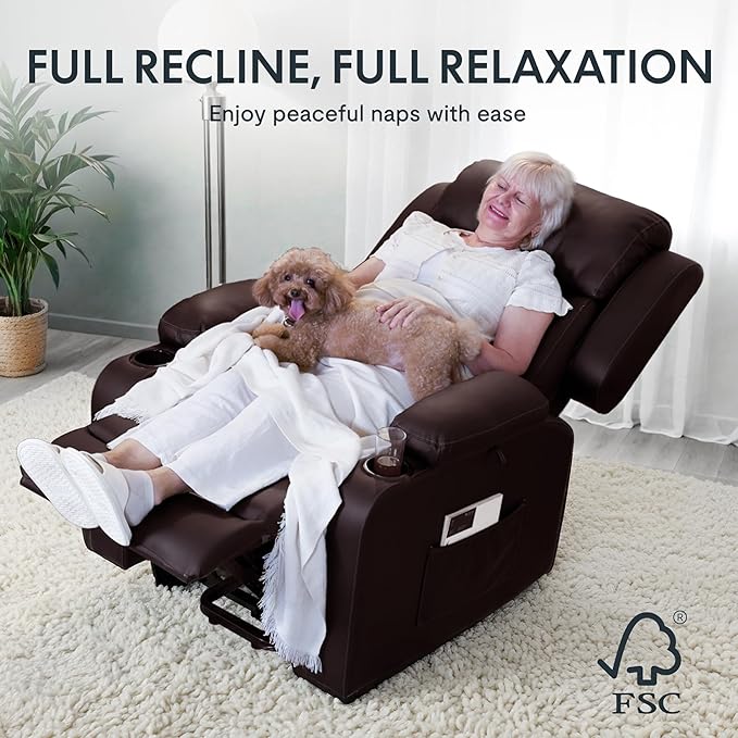 FLEXISPOT XL31 Power Lift Recliner Chair for Elderly, Electric Lift Chair with Massage & Heat, PU Leather Reclining Sofa w/Cup Holders, Side Pockets for Living Room Bedroom(Medium Size,Brown)