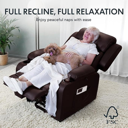 FLEXISPOT XL31 Power Lift Recliner Chair for Elderly, Electric Lift Chair with Massage & Heat, PU Leather Reclining Sofa w/Cup Holders, Side Pockets for Living Room Bedroom(Medium Size,Brown)