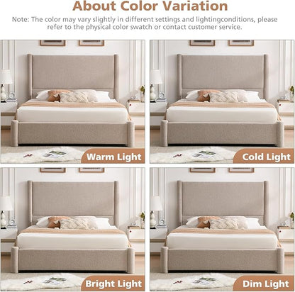VELOCAVA Queen Size Upholstered Bed Frame with 51.77" Tall Headboard and Soft Rounded Corners, Side Storage Drawers, 12-Slat Support, No Box Spring Needed, Linen-Blend Fabric, Beige