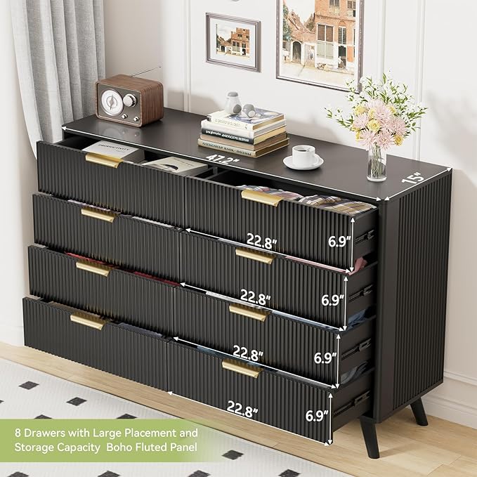 Black Fluted 8 Drawer Dresser for Bedroom, Chest of Drawers with Solid Wood Legs, Modern Dresser Chest Cabinet Organizer with Golden Handles, Beside Table for Closet,