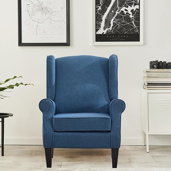 Accent Chairs, Mid Century Blue Bedroom Reading Seats in Fabric, Modern Living Room Single Upholstered Sofa Couch, Elegant High Wingback Arm Chair for Adults, Sillones para Sala