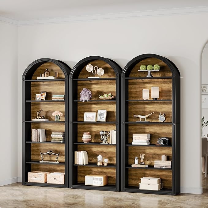 Tribesigns 77.16" Tall Arched Bookshelf, 6-Tier White Arched Bookcase with Storage Shelves for Living Room, Bedroom, Set of 2 (Black, 6-Tier)