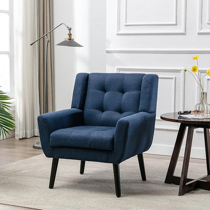 Dolonm Midcentury Modern Accent Chair with Arms, Upholstered Fabric Reading Side Chair Tufted Back Decorative Wingback Chair for Living Room Bedroom (Blue)