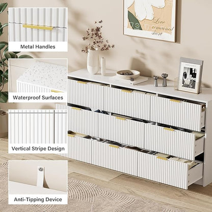 White Dresser for Bedroom, Modern 9 Drawer Dresser with Smooth Slides and Gold Handles, Wide Bedroom Chest for Living Room, Closet, 63" W x 15.7" D x 31.5" H