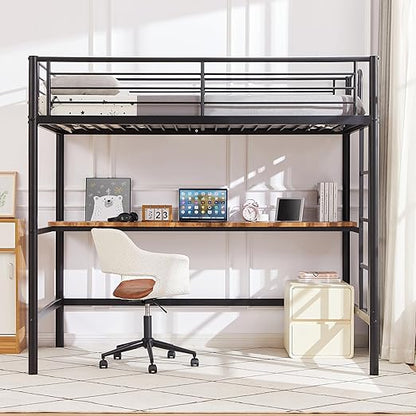 VECELO Metal Loft Bed Twin Size with Desk, Heavy Duty Bedframe with Removable Ladder and Safety Guardrail, Space-Saving, Noise Free, No Box Spring Needed, Matte Black
