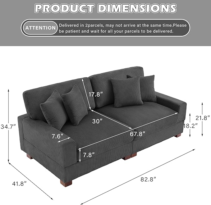 Modular Sectional Couches for Living Room, 82.6" Modern Loveseat 2-Seater Sofa Couch, Upholstered Couches for Living Room Bedroom, Grey