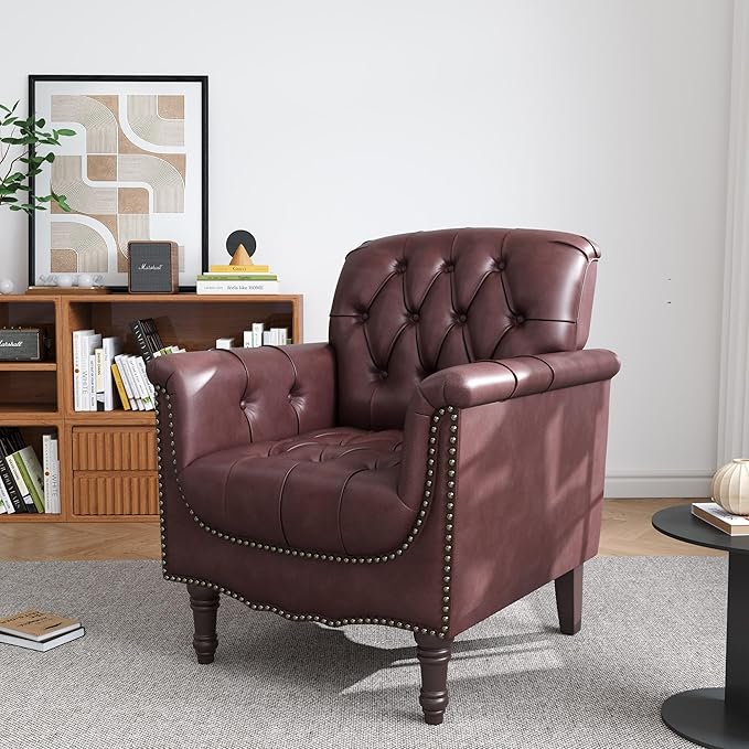 UIXE Faux Leather Accent Chair for Living Room, Tufted Arm Chair Retro Upholstered Club Armchair with Solid Wood Legs - Dark Red, Set of 2