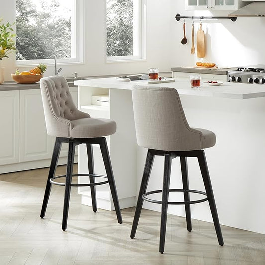 Watson & Whitely Bar Stools, 360° Swivel Upholstered Bar Stool with Back, 30" H Bar Height Barstools, Set of 2, Performance Fabric in Tan