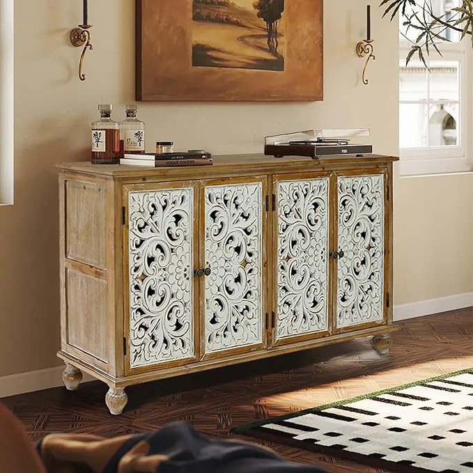 Accent Cabinet with 4 Doors, Hollow Carved Storage Sideboard, Wood Buffet Cabinet for Living Room, Dining Room, Entryway (4-Door 2 Compartment)