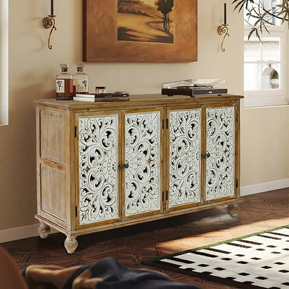 Accent Cabinet with 4 Doors, Hollow Carved Storage Sideboard, Wood Buffet Cabinet for Living Room, Dining Room, Entryway (4-Door 2 Compartment)