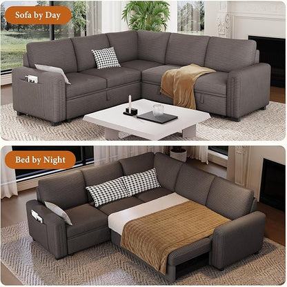 Vesgantti 88.4" Sleeper Sectional Couch with Pull Out Bed, 5 Seater L Shaped Modular Sectional Sofa with Storage, Comfy Corduroy Modular Sofa for Living Room, Bedroom, Apartment, Light Coffee