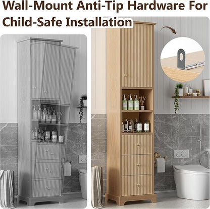 Tall Freestanding Storage Cabinet with One Door & 3 Drawers, Multi-Purpose Organizer with Open Storage and Adjustable Shelf for Bathroom, Office, Living Room, Wood
