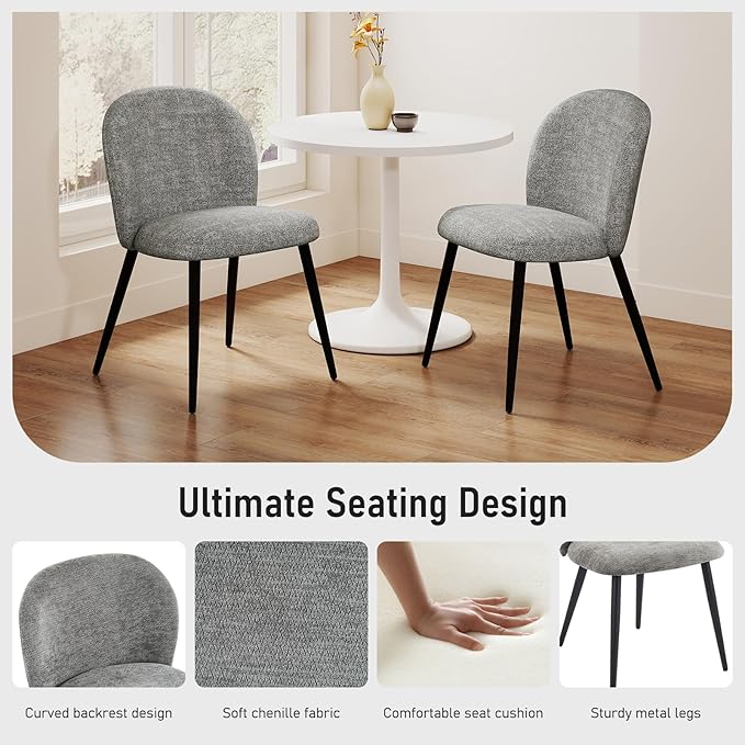 Upholstered Dining Chairs Set of 2, Modern Kitchen Side Chair with Padded Seat Comfortable Chenille Fabric Study Black Matel Legs,Desk Chair with Back for Dining Rooms, Gray