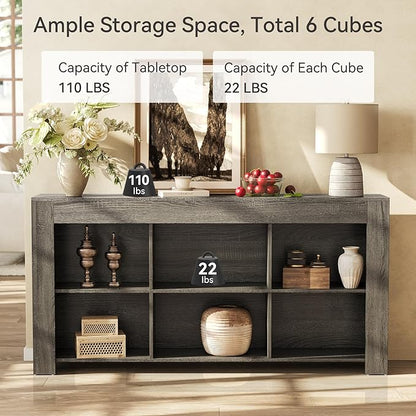 LITTLE TREE Console Table with Storage, 63-Inch Narrow Long Sofa Table, Entryway Table with 6 Cubes, Farmhouse Storage Shelves for Entryway, Living Room