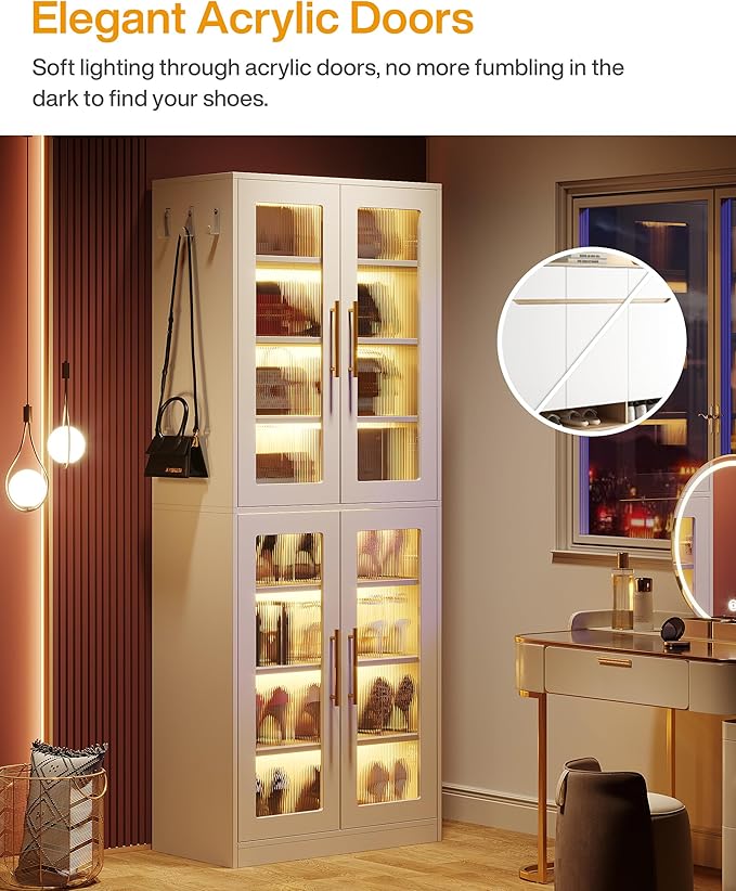 Tribesigns Tall Shoe Storage Cabinet with Acrylic Doors and LED Lights, 8-Tier Shoe Organizer Rack with Adjustable Shelves and Hanging Hooks for Narrow Closet, Hallway, Living Room, White (Set of 2)