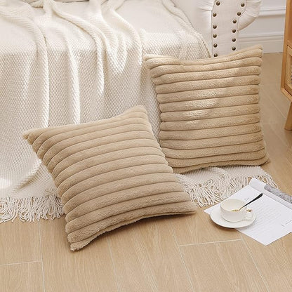 Pallene Faux Fur Plush Throw Pillow Covers 18x18 Set of 2, Luxury Soft Fluffy Striped Decorative Pillow Covers for Sofa, Couch, Living Room, Khaki