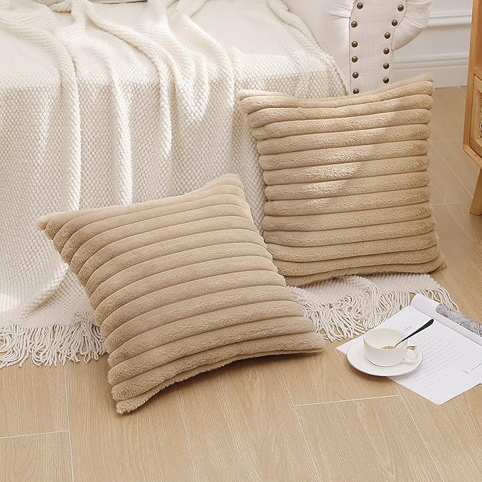 Pallene Faux Fur Plush Throw Pillow Covers 22x22 Set of 2, Luxury Soft Fluffy Striped Decorative Pillow Covers for Sofa, Couch, Living Room, Khaki