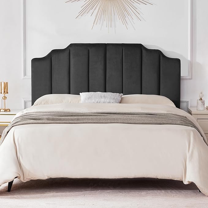 Headboard Queen, Velvet Upholstered Tufted Headboard with Modern Vertical Channel Design, Elegantly Curved Soft Padded Queen headboard only, Easy Installation, Darkgray