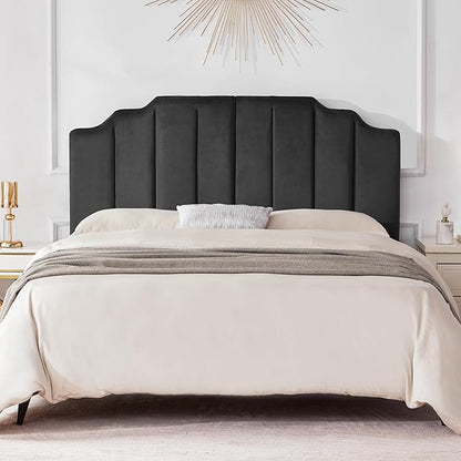 Headboard Queen, Velvet Upholstered Tufted Headboard with Modern Vertical Channel Design, Elegantly Curved Soft Padded Queen headboard only, Easy Installation, Darkgray