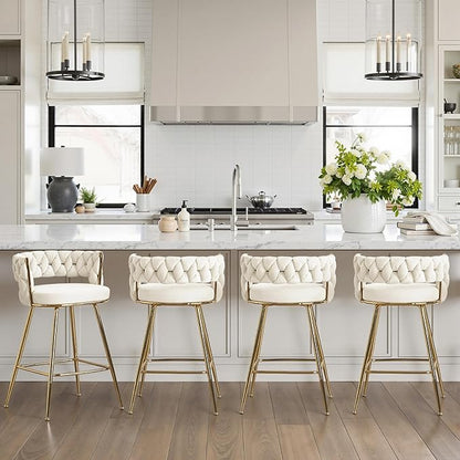 VECELO Bar Stools Set of 2, Counter Height Bar Stools, 26 inch Seat Barstools with Woven Back and Footrest for Kitchen Island Counter, White