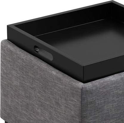 SIMPLIHOME Natasha 18 inch Wide Mid Century Square Mid Century Storage Ottoman with Tray in Slate Grey Polyester Linen, Assembled, For the Living Room, Entryway and Family Room