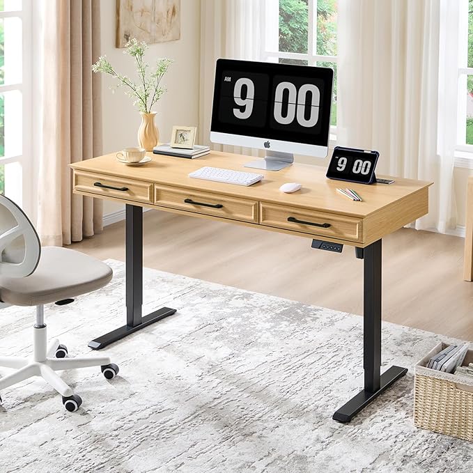 55x22 Inch Electric Standing Desk with One-Piece Desktop, Adjustable Height Computer Desk w/3 Storage Drawers & Power Outlets,Sit to Stand Up,Gaming Table for Home Office and Study, Natural Oak