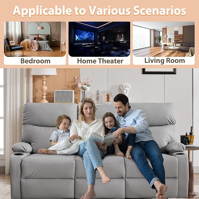 3-Seater Manual Seater Reclining Anti-Scratch 3 Seat Reclining Sofa with Side Pocket and Cupholders Reclining Loveseat Sofa for Living Room Meeting Room Bedroom Office Apartment