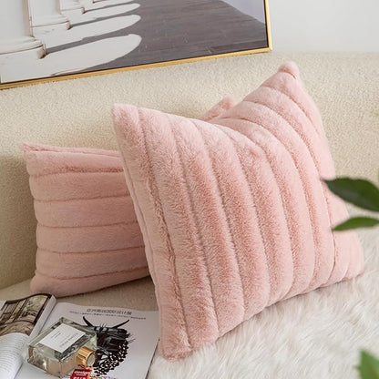 Pack of 2 Faux Fur Throw Pillow Covers 18x18 Inch Striped Decorative Soft Plush Couch Pillow Case Home Decor for Bed, Sofa, Living Room Pink
