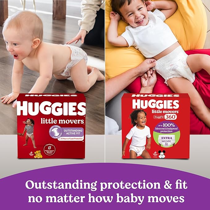 Huggies Size 7 Baby Diapers, Little Movers HuggFit 360° Baby Diapers with 360° Waistband, Size 7 (41+ lbs), 14 Count, Packaging May Vary