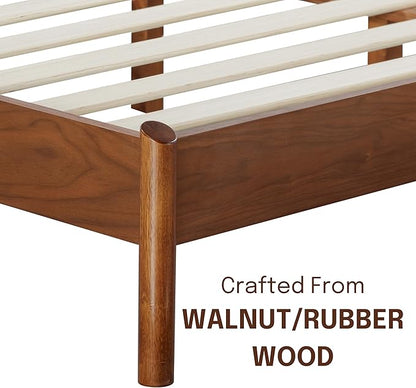 NTC Gem Wooden Bed Frame with Headboard, Crafted from Walnut, Rubber Wood with Silent Slats and Wood Central Supports, 1000 Lb Capacity, Effortless Assembly, King - Dark Walnut