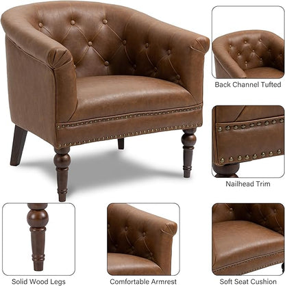 Pia Ricco Faux Leather Barrel Accent Chair, Comfy Club Armchair with Solid Wood Legs, Nailhead Trim Upholstered Single Sofa Chair for Living Room Bedroom/Reading Room, Tan