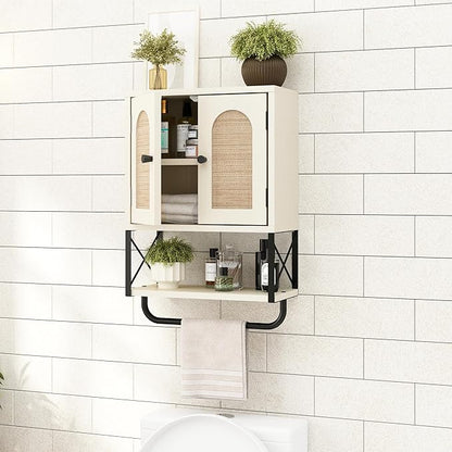 RUSTOWN Rattan Bathroom Wall Cabinet, Boho Over The Toilet Storage Cabinet with Arched Rattan Doors, Modern Medicine Cabinet with Adjustable Shelves & Towel Bar(Vintage White,Small)