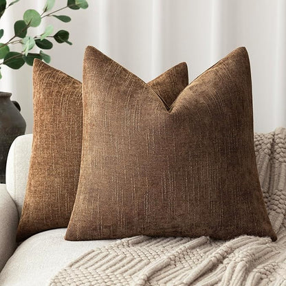 Foindtower Set of 2 Soft Textured Chenille Throw Decorative Pillow Covers Square Accent Solid Cushion Cover Cozy Neutral Farmhouse Pillow Case for Couch Sofa Bedroom Living Room 22x22 Inch,Dark Bronze