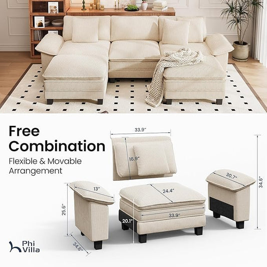 PHI VILLA Cloud Modular Couch Sets, 123.6" Sectional Sofa with U-Shaped Chaise, 5-Seater Couches with 2 Movable Ottomans for Living Room, Corduroy Fabric, Beige