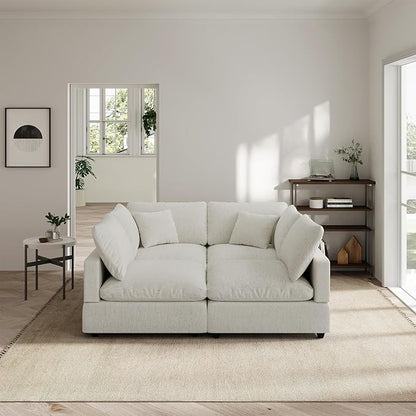 Linen Sleeper Sofa Bed,Modern Sectional Sofa Couch for Living Room,67 Inch Cloud Couches Cushion Covers Removable,Cozy Feather Down Sofa for Apartment Cream White