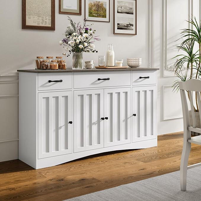 Gizoon Sideboard Buffet Cabinet with Storage, Modern Kitchen Sideboard and Coffee Bar with Drawers and Doors, Wood Buffet Table for Dining Room, 15.2" D x 55.1" W x 31.9" H, White/Grey
