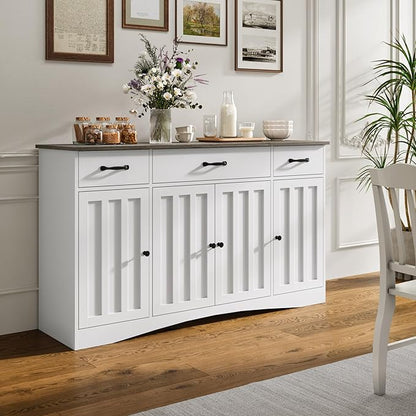 Gizoon Sideboard Buffet Cabinet with Storage, Modern Kitchen Sideboard and Coffee Bar with Drawers and Doors, Wood Buffet Table for Dining Room, 15.2" D x 55.1" W x 31.9" H, White/Grey