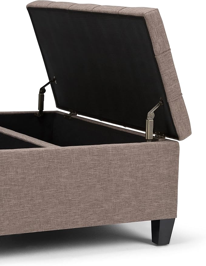 SIMPLIHOME Harrison Coffee Table Storage Ottoman - 36 inch Wide Upholstered Linen Look Fabric Square Lift-Top Ottoman in Fawn Brown, Transitional Ottoman for Living Room with Hidden Storage